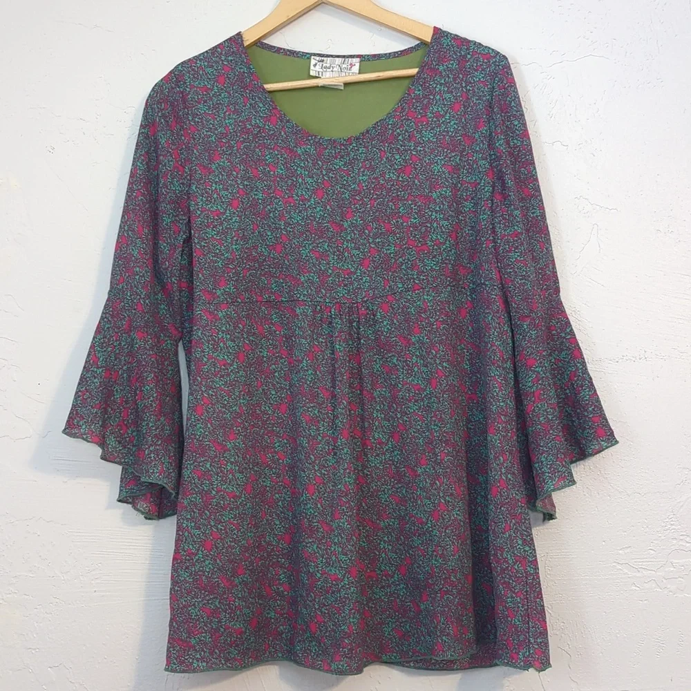 LadyNoiz Colorful Funky Artsy Retro MCM Floral Boho Hippie Bell Sleeve Tunic Top - Picture 6 of 7